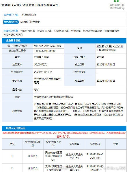 新进展！通武廊(天津)轨道交通工程建设有限公司成立