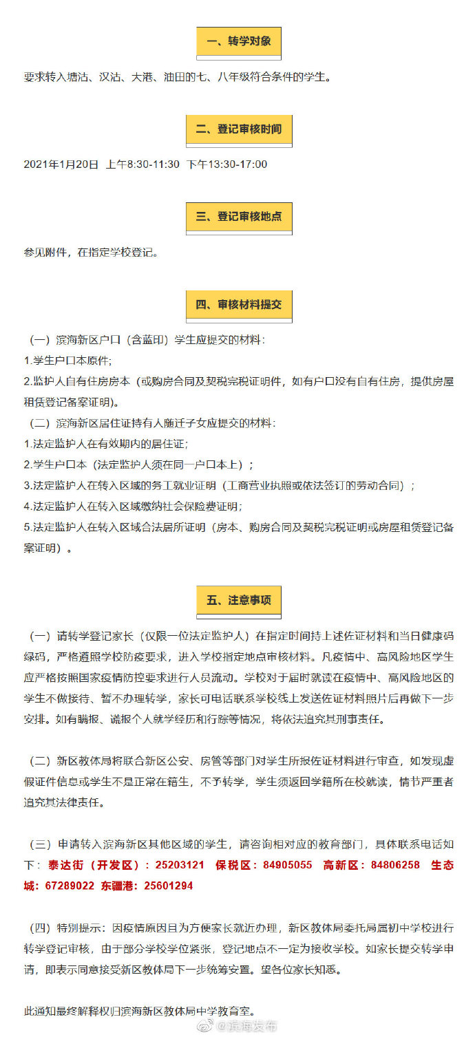 滨海新区最新初中转学登记通知！地点、电话都在这……