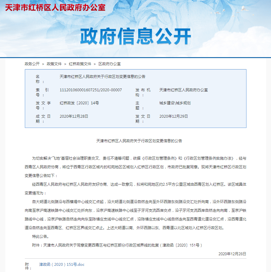 定了！天津西青区这一区域划入红桥区