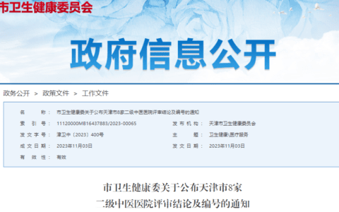 天津8家区中医医院被评为二级甲等！